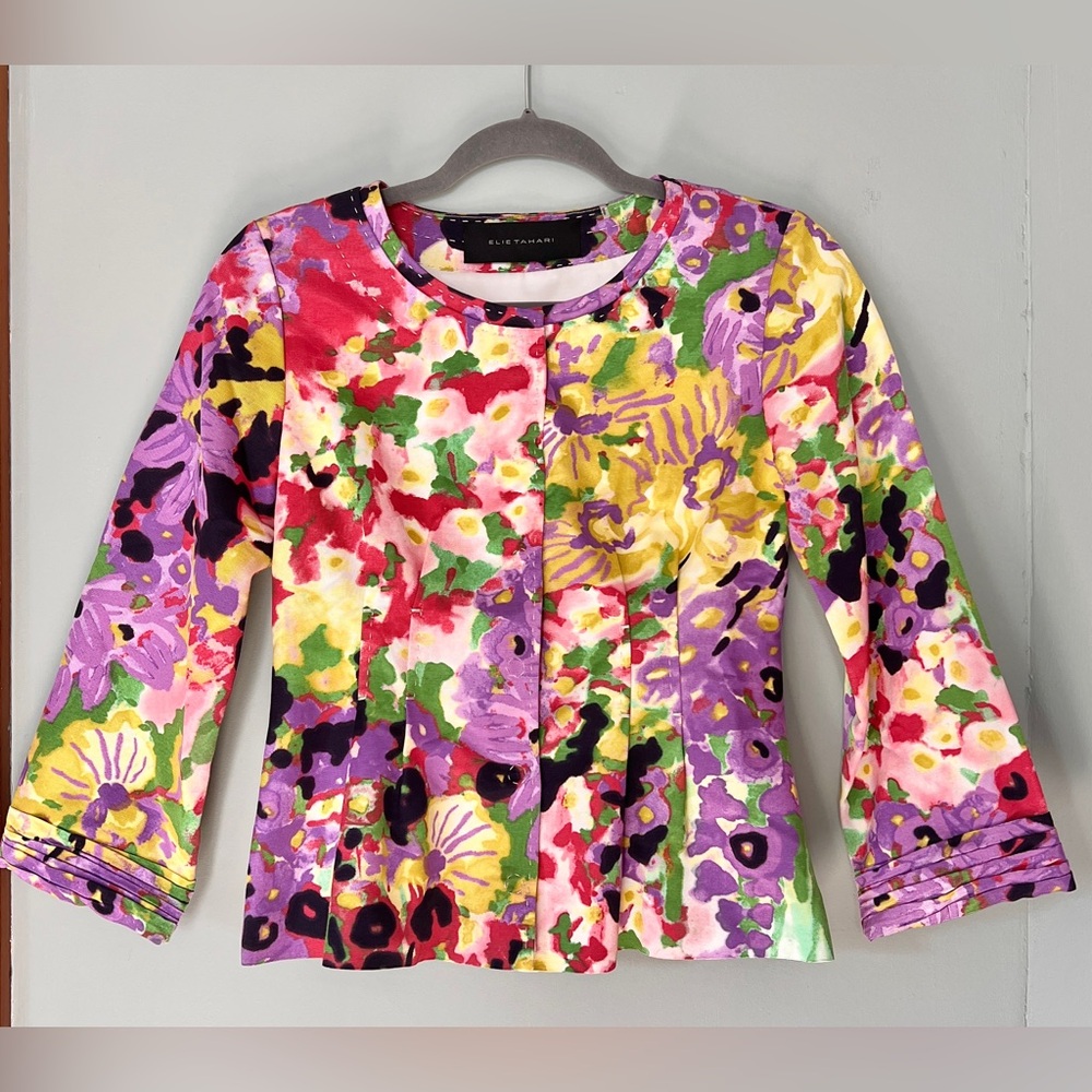 Elie Tahari Floral Black Label Button‎ Up Structured Peplum Jacket Blazer Small